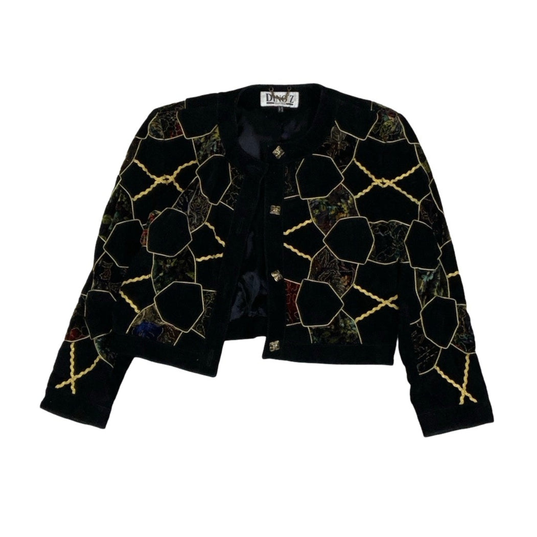 Vintage 80s ‘Dino’z’ Black Gold Patchwork Embroidered Velvet Crop Suede Leather Jacket 16 18 L