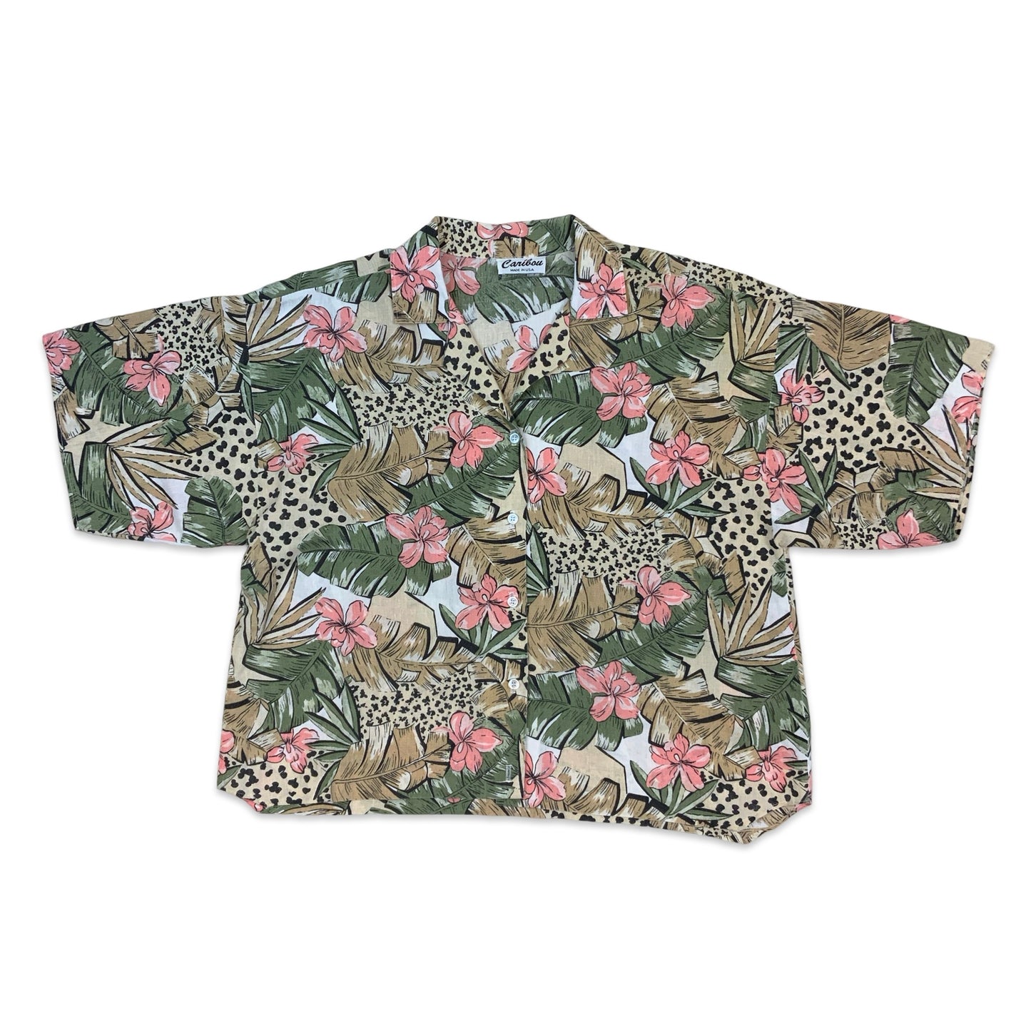 80s Pink Beige Green Hawaiian Shirt 16 18