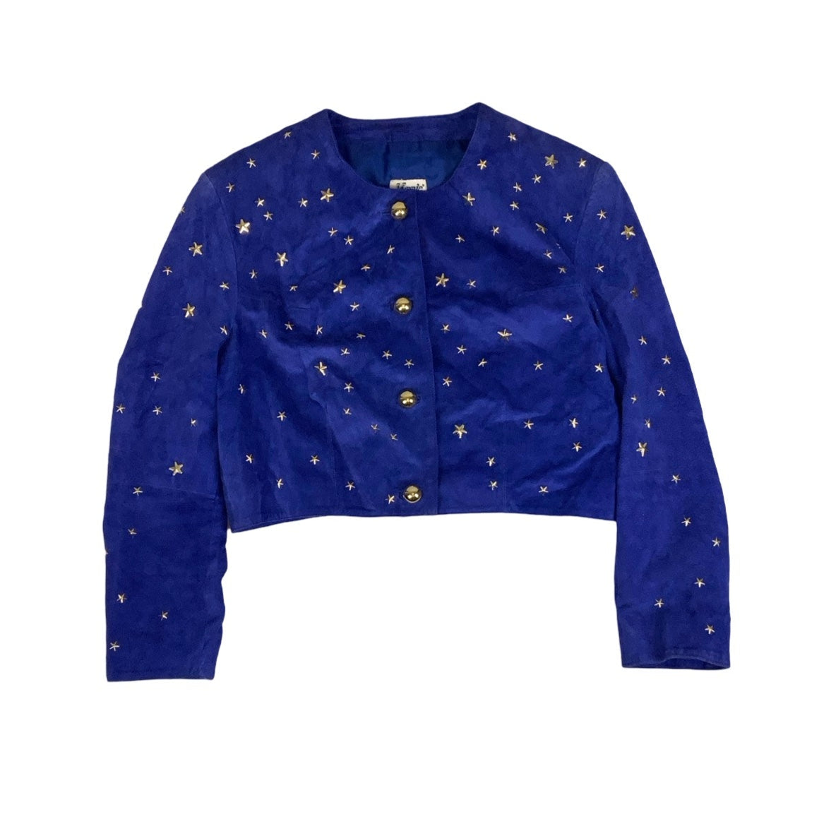 Vintage 80s ‘Kippie Company’ Blue Star Stud Crop Statement Suede Leather Jacket 12 14