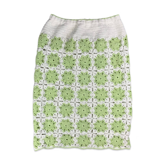 Vintage White & Green Crochet Midi Skirt 6 8