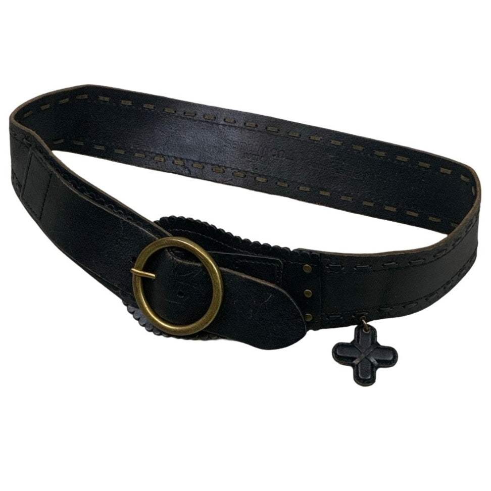 Vintage 90s 00s y2k 'Sandwich' Thick Black Leather Stitched Cross Attachment Buckle Belt