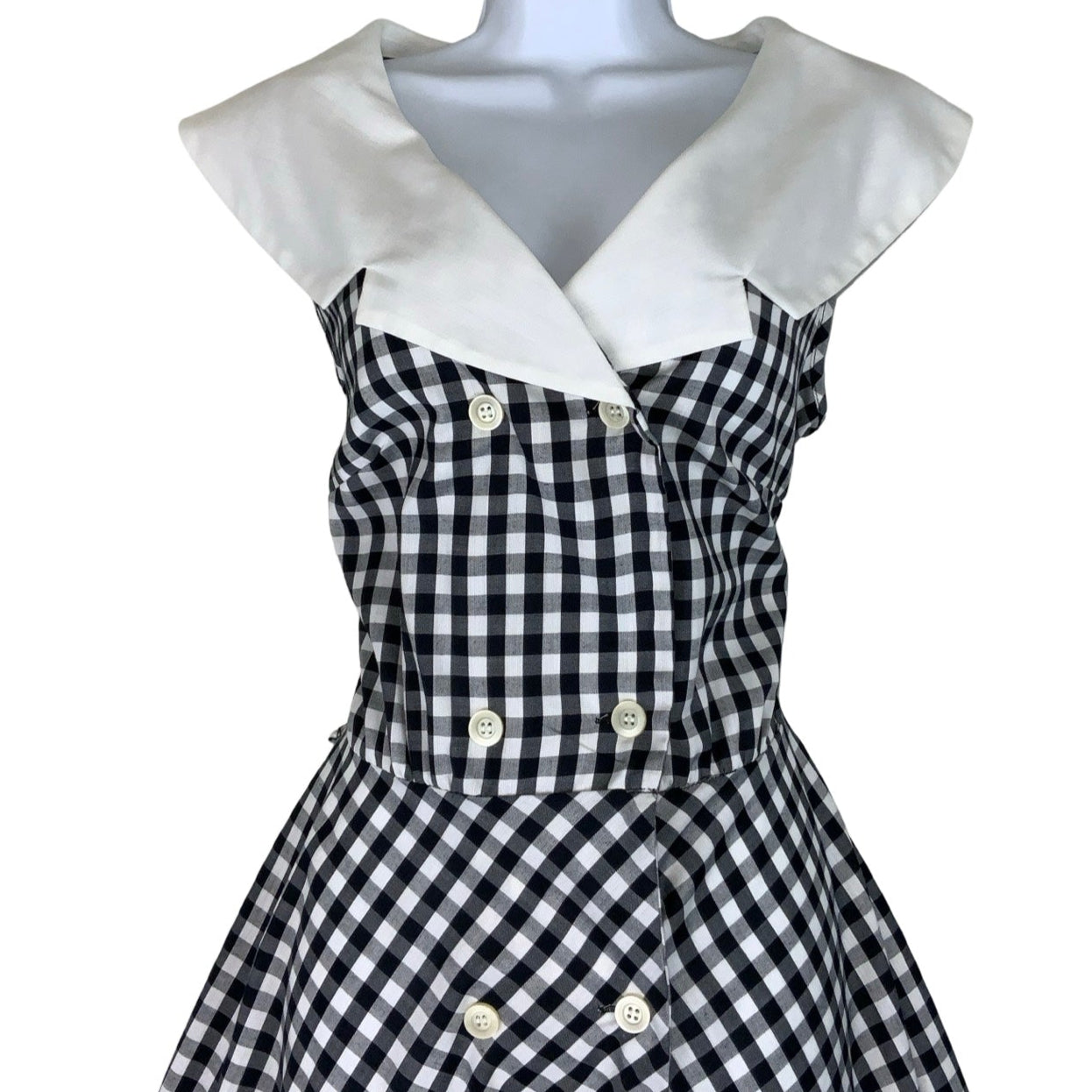 Vintage 80s Black White Check Pockets Sailor Aline Midi Swing Dress 12 14 16