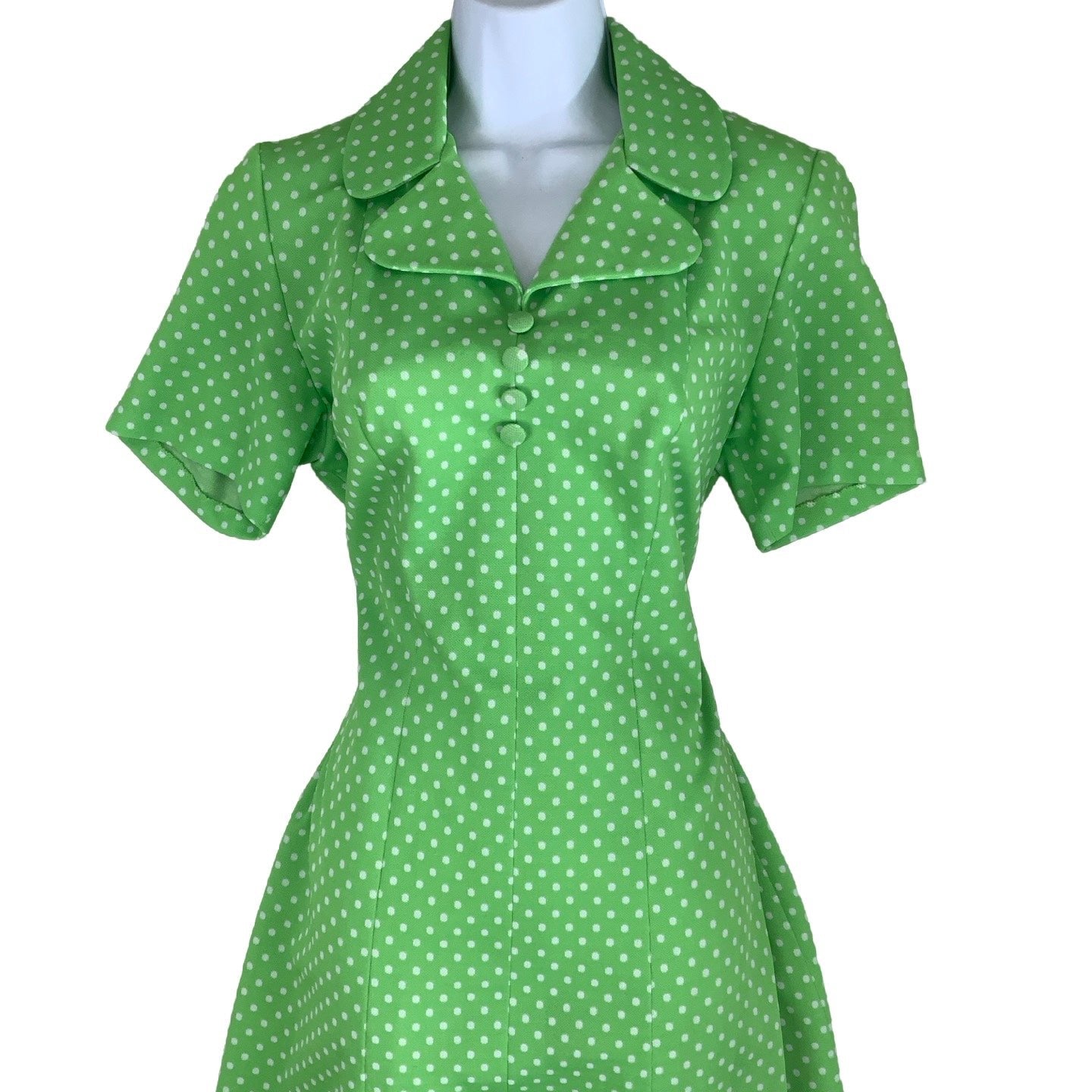 Vintage 60s 70s Green White Polka Dot Mini Dress 12 14