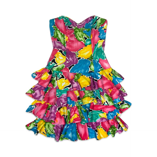 80s Multicoloured Corset Ruffle Party Dress 10