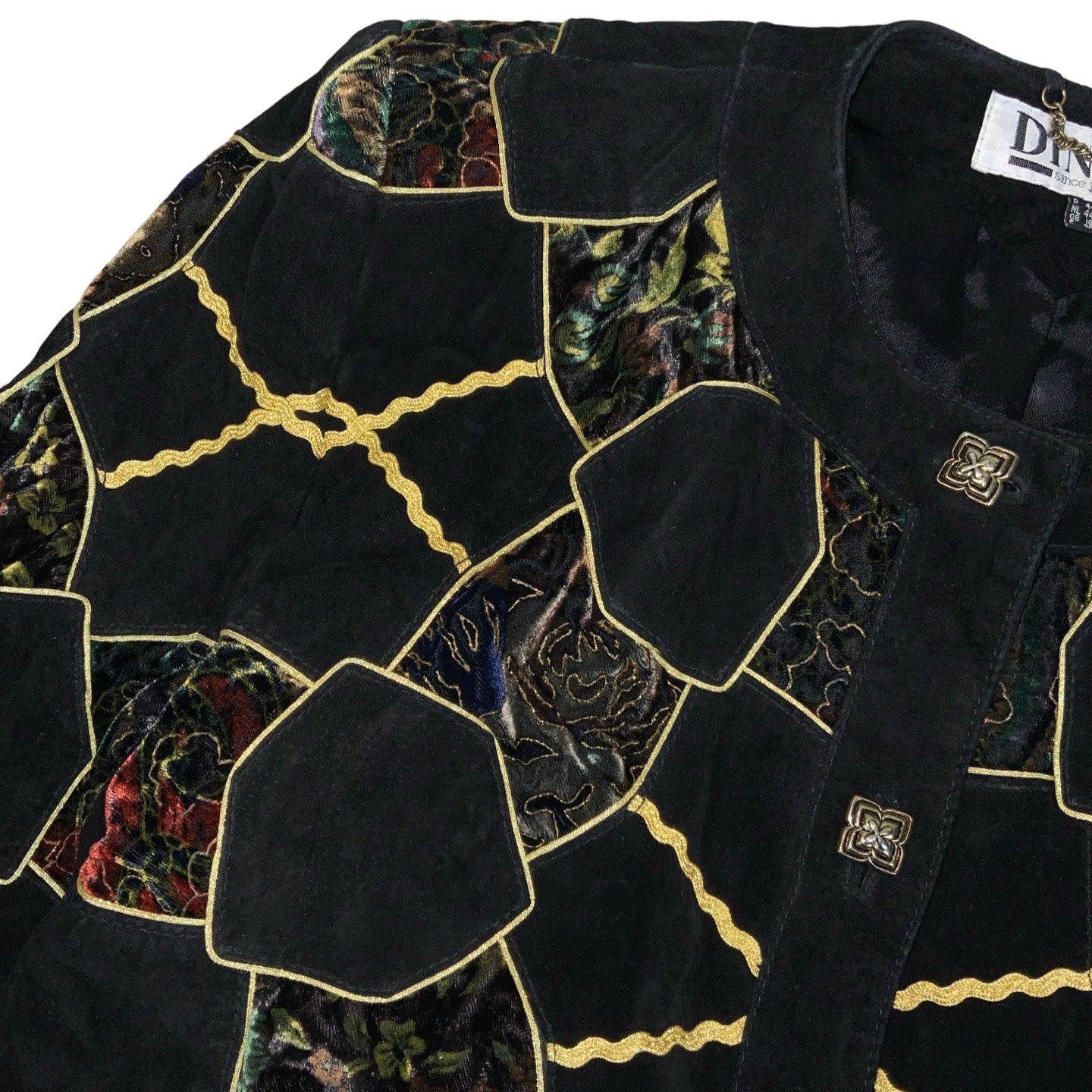 Vintage 80s ‘Dino’z’ Black Gold Patchwork Embroidered Velvet Crop Suede Leather Jacket 16 18 L