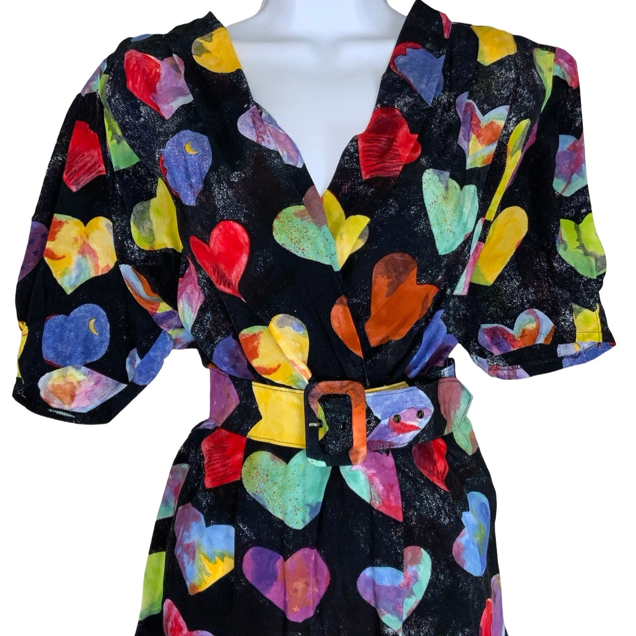 Vintage 80s 90s ‘Betty Barclay’ Black Multicoloured Love Heart Pockets V-Neck Aline Mini Dress 10 12