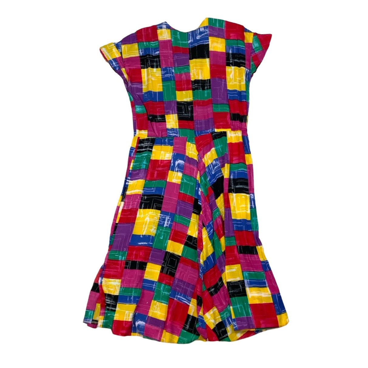 Vintage 80s 90s Geometric Print Multicoloured Aline Collared Swing Dress 16 18