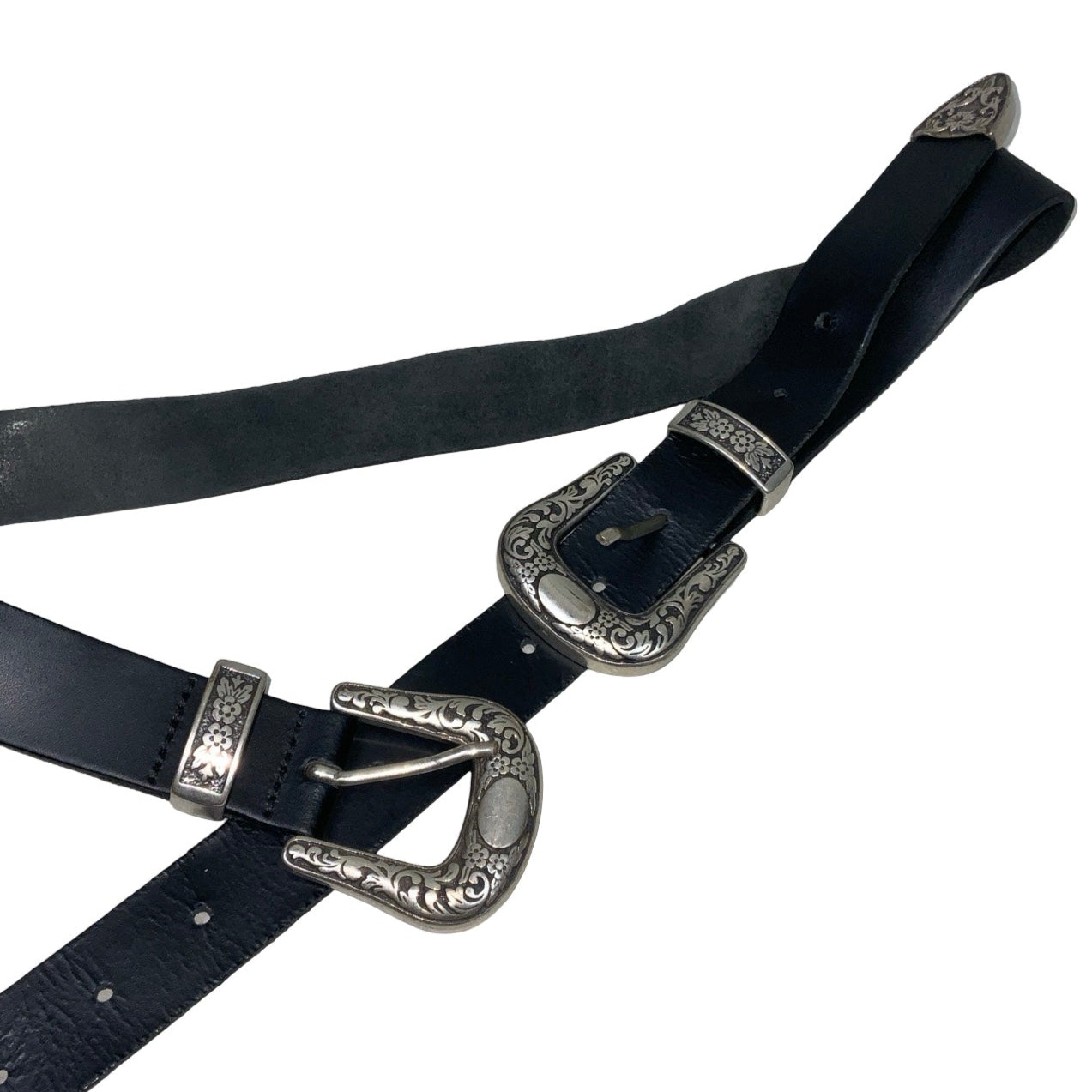 Vintage 90s ‘TopShop’ DEADSTOCK Black Leather Silver Double Buckle Belt