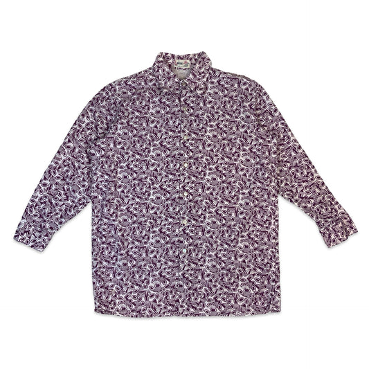 70s White & Purple Geometric Print Dagger Collar Shirt XL