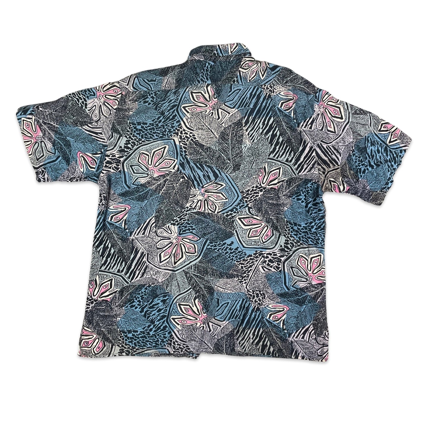 Vintage Black Blue & Pink Jungle Print Short Sleeve Shirt M L