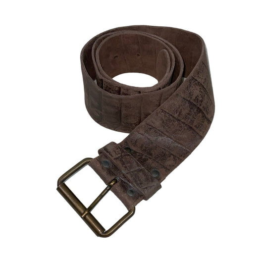 Vintage 90s 00s ‘Huft Gold’ Brown Suede Croc Embossed Leather Buckle Belt