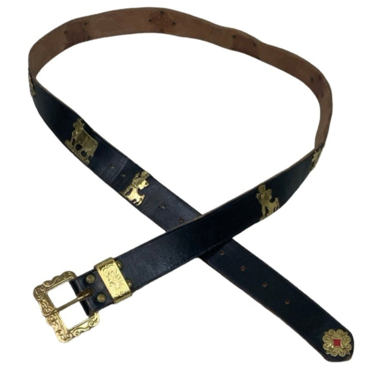 Vintage 'Appenzeller Gurt' Swedish Thin Black Leather Novelty Gold Mule Studded Buckle Belt