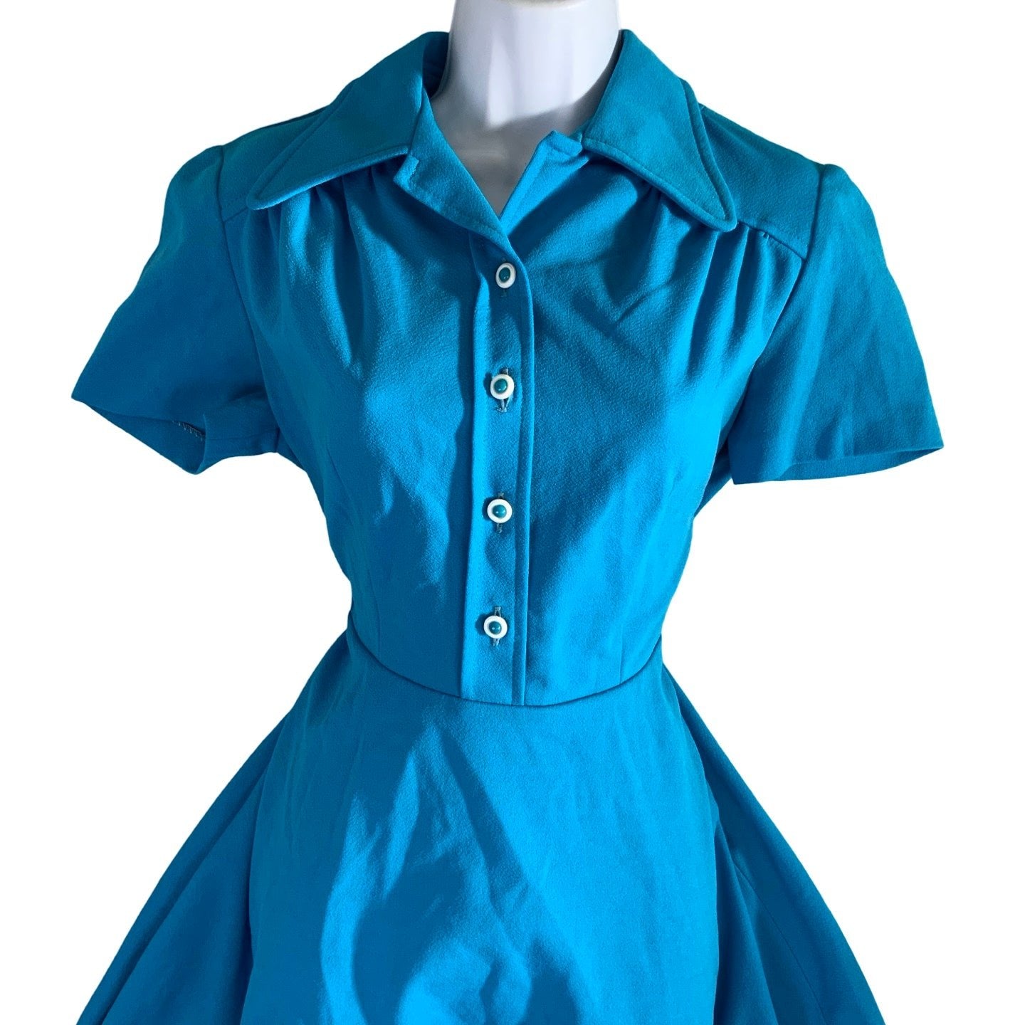 Vintage 60s 70s Blue Mini Aline Shirt Dress 8 10 12