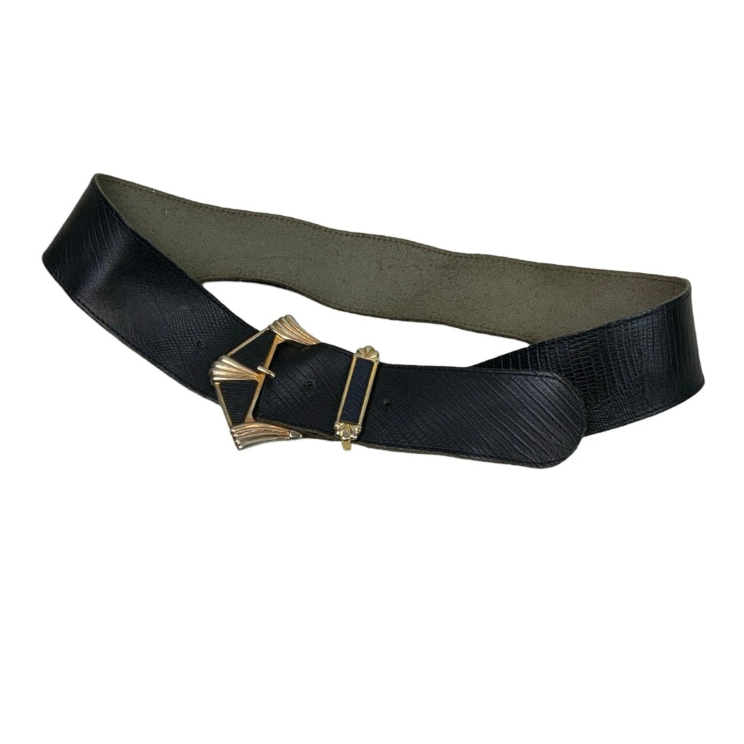 Vintage Black Croc Leather Gold Buckle Belt