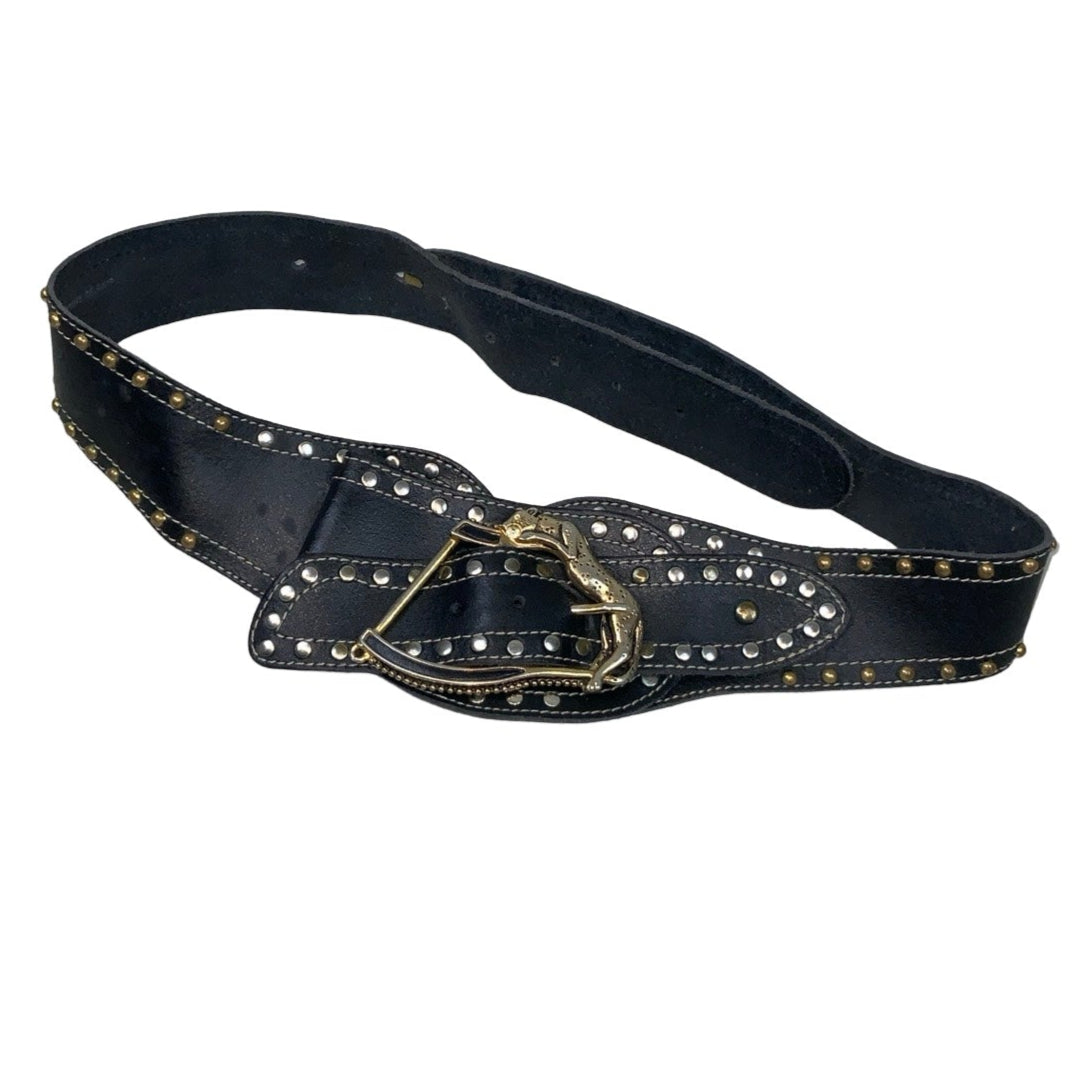 Vintage 90s 00s y2k Black Leather Gold Stud Leopard Buckle Belt