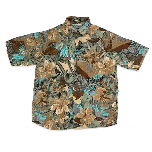 80s Brown & Blue Floral Shirt XL