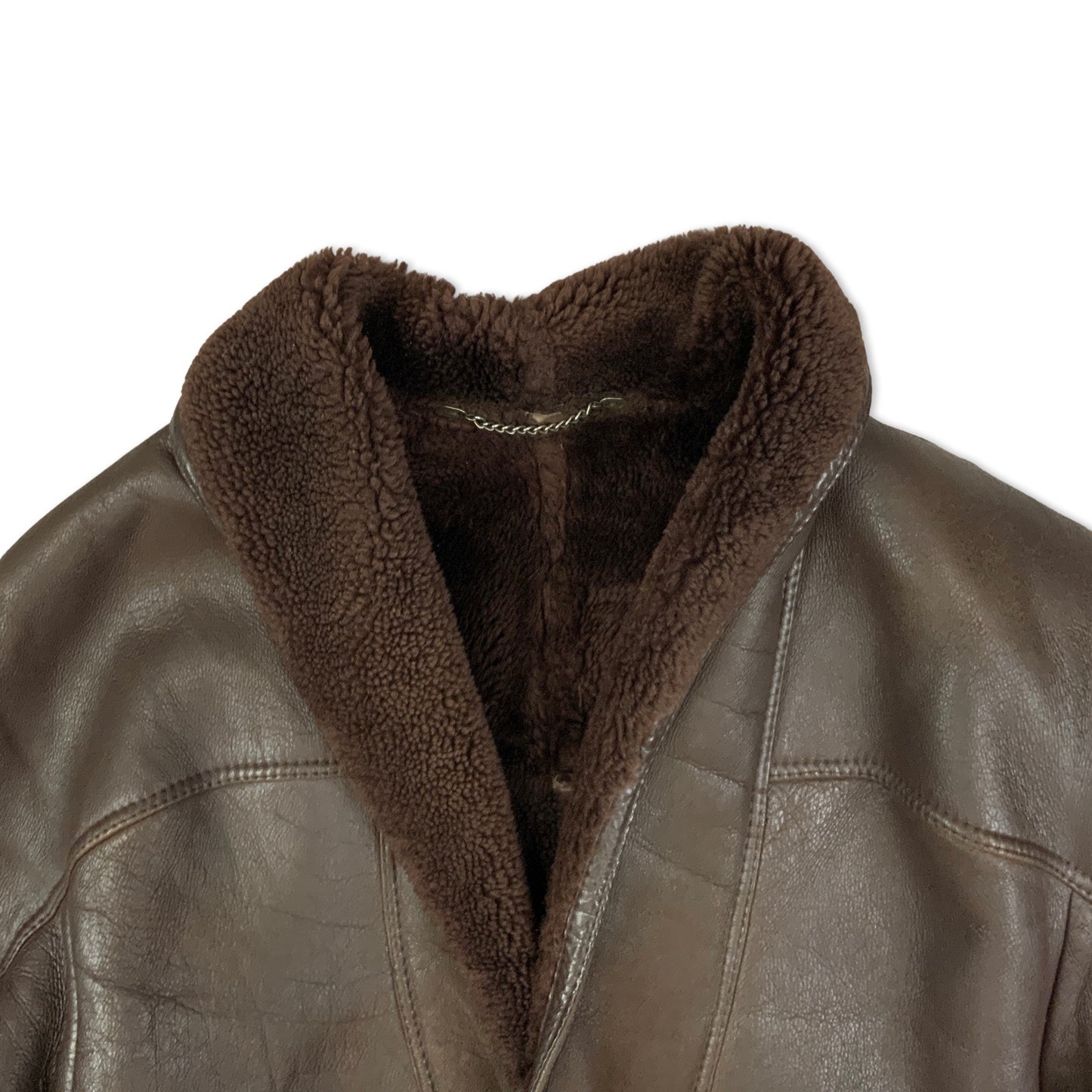 Vintage 80s Leather Aviator Shearling Coat Faux Fur Brown Size L XL