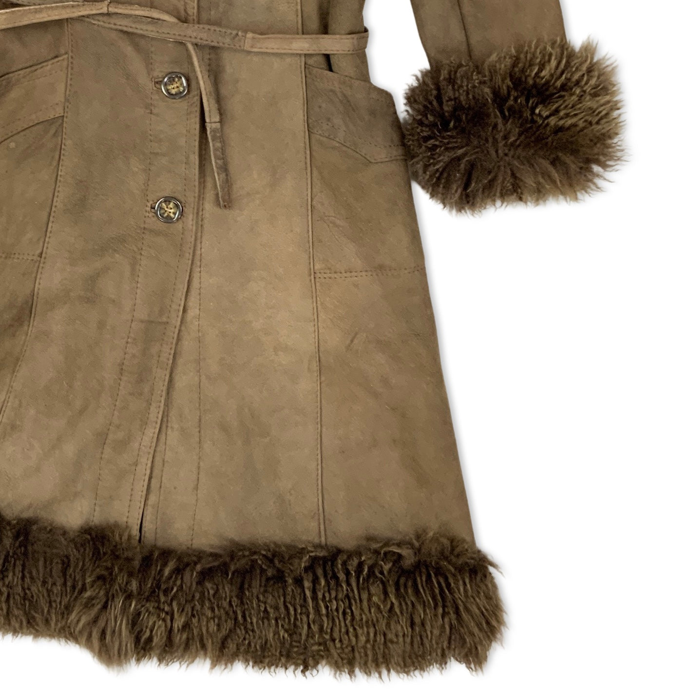 Vintage 70s Belted Brown Faux Fur Shearling Midi Coat 8