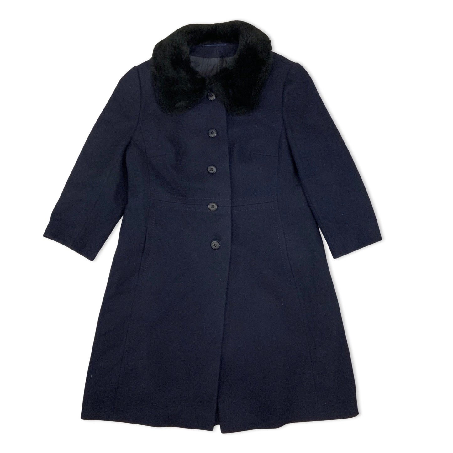 Vintage Navy Wool Coat Faux Fur Collar 12 14