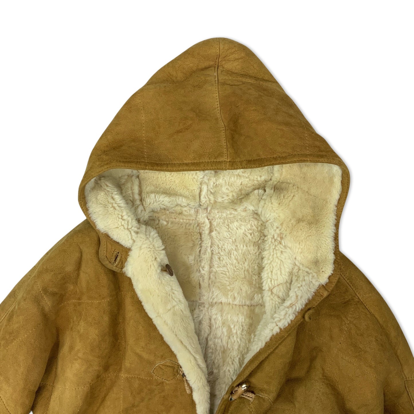 Vintage Tan Hooded Suede Shearling Coat 14 16