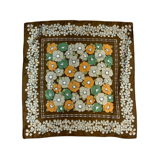 Vintage 60s Brown, Green, and Orange Floral Scarf