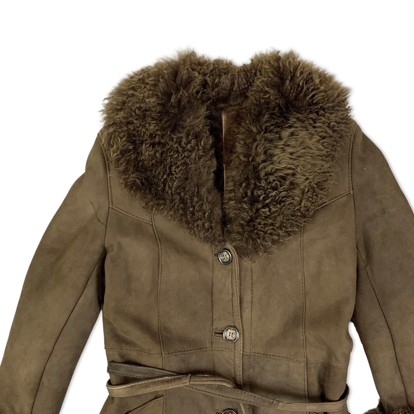 Vintage 70s Belted Brown Faux Fur Shearling Midi Coat 8