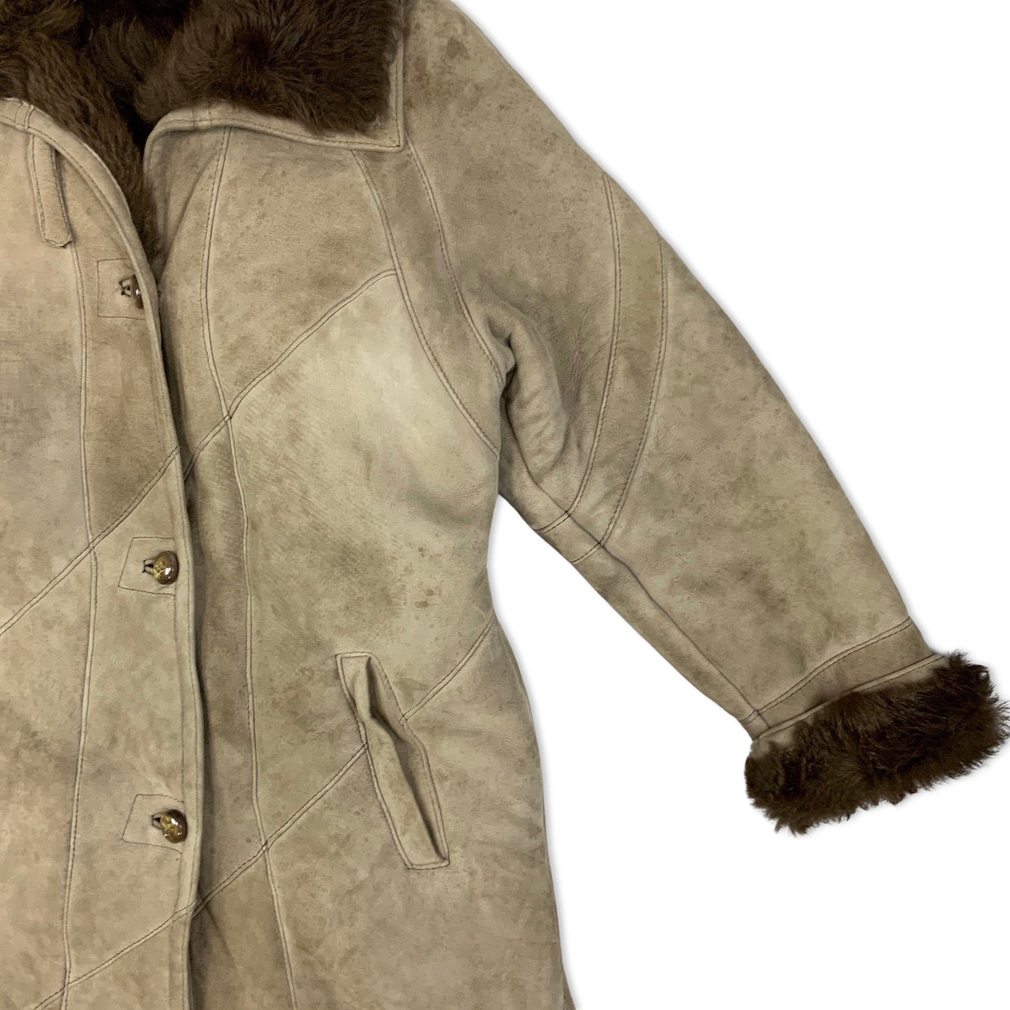 Vintage Beige and Brown Sheepskin Shearling Midi Coat 14 16