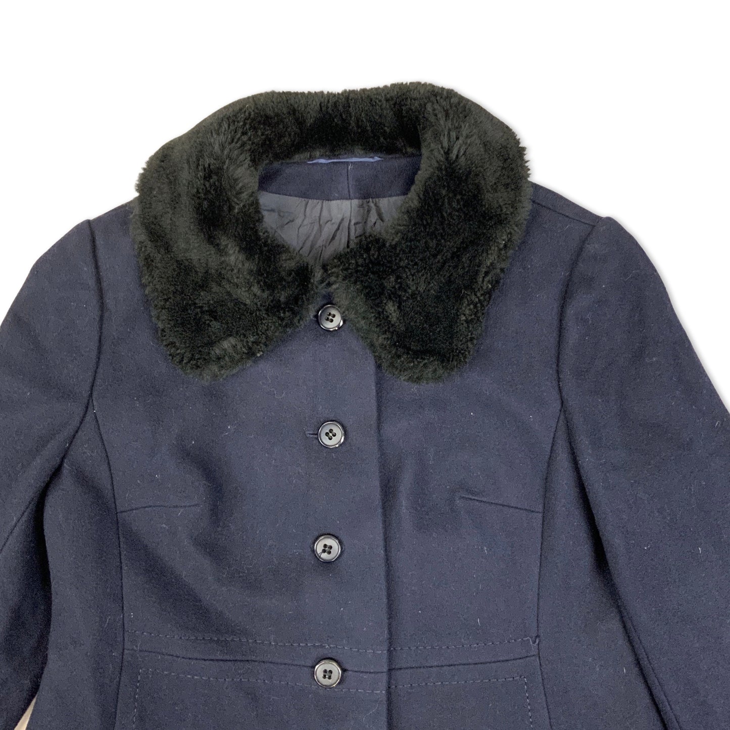 Vintage Navy Wool Coat Faux Fur Collar 12 14