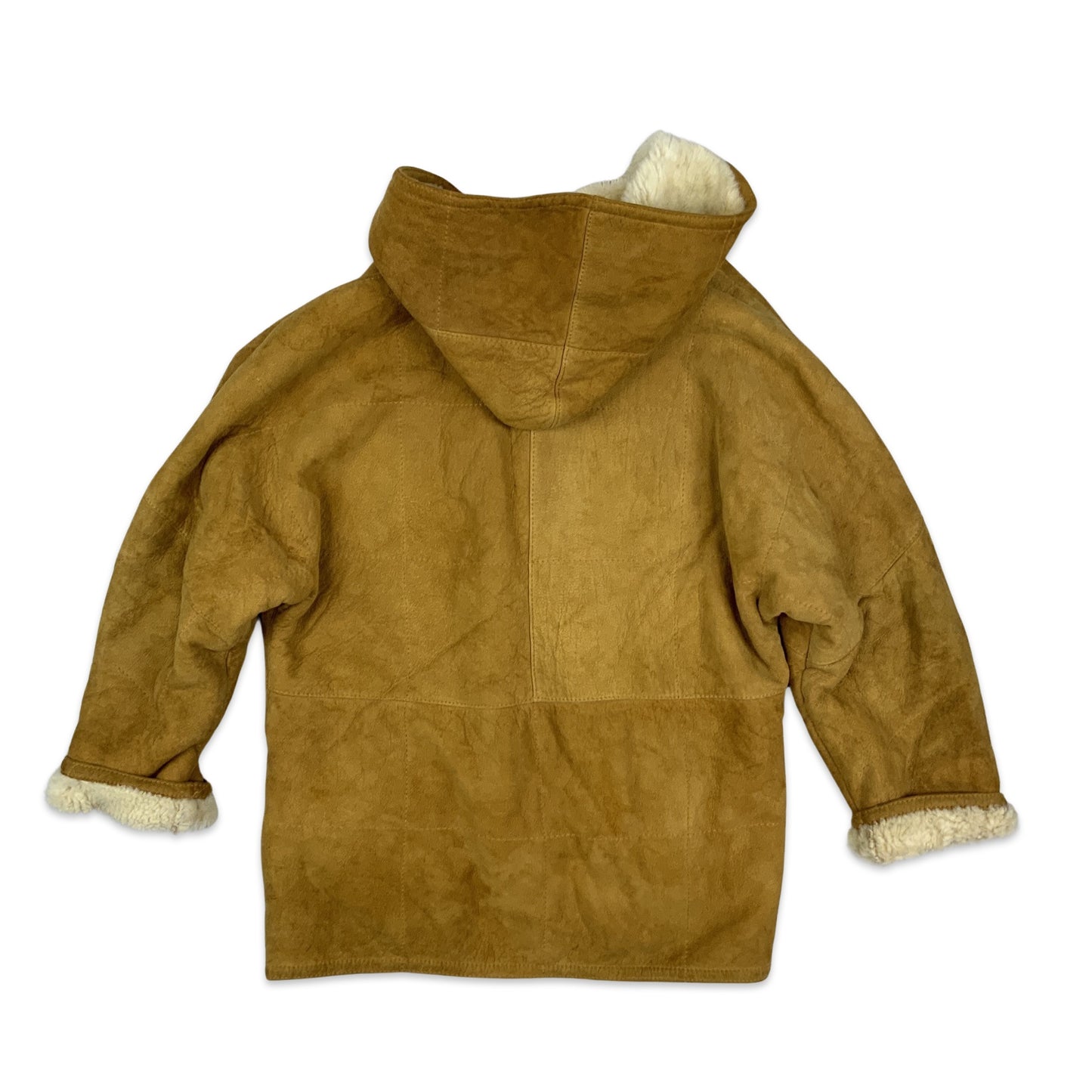 Vintage Tan Hooded Suede Shearling Coat 14 16