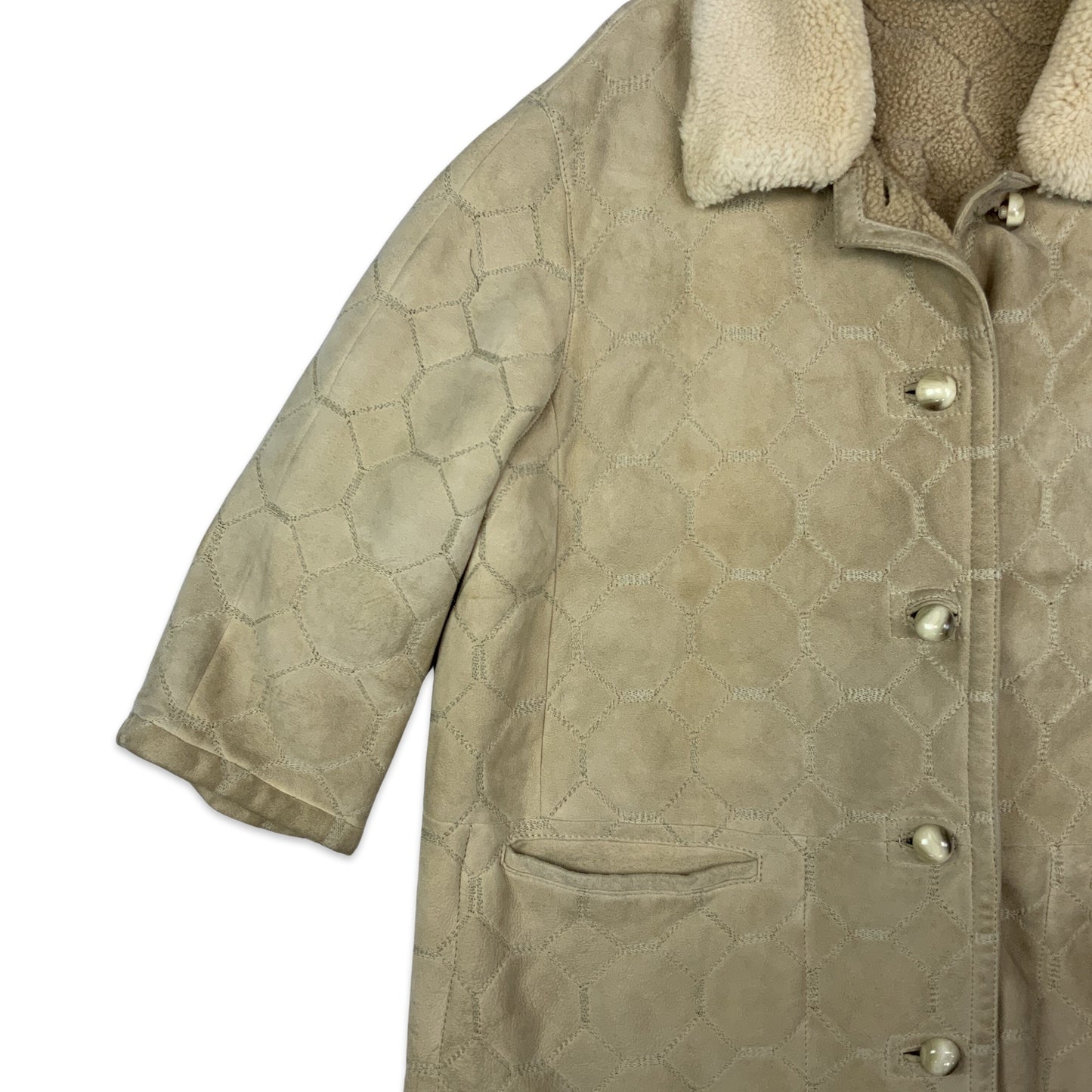Vintage Embroidered Suede Beige Shearling Coat 16 18