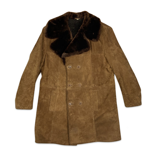 Vintage 70s Double Breasted Brown Sheepskin Shearling Coat M L