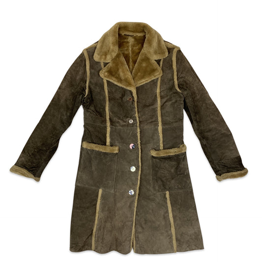 Vintage Shearling Midi Coat Faux Fur Trim Brown 16 18
