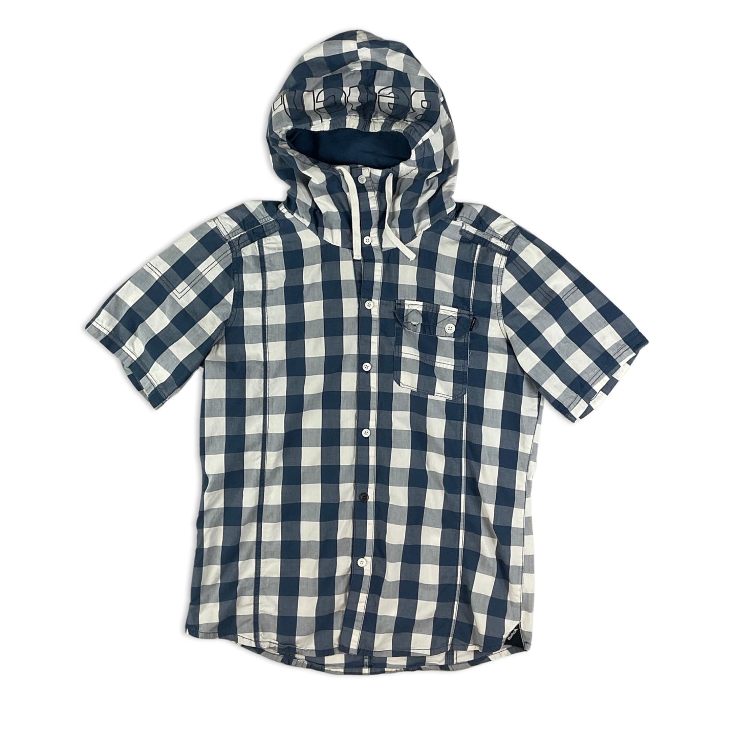 90s Y2K Bench White & Blue Check Hooded Short Sleeve Shirt M