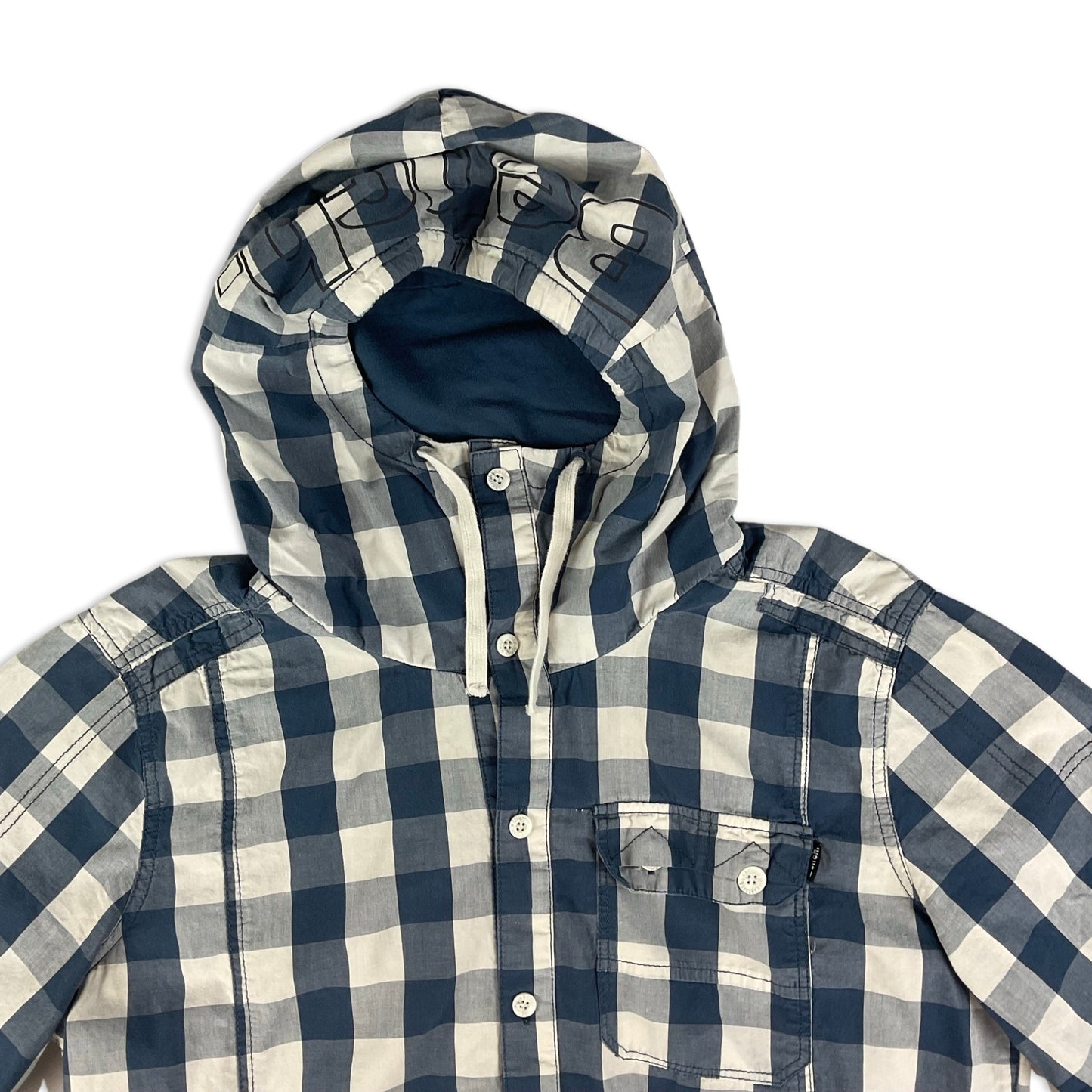 90s Y2K Bench White & Blue Check Hooded Short Sleeve Shirt M