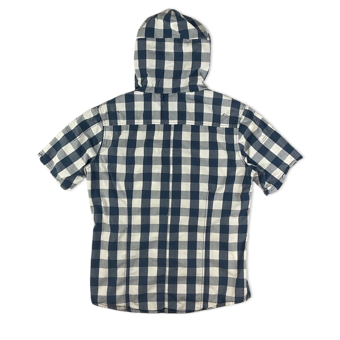 90s Y2K Bench White & Blue Check Hooded Short Sleeve Shirt M