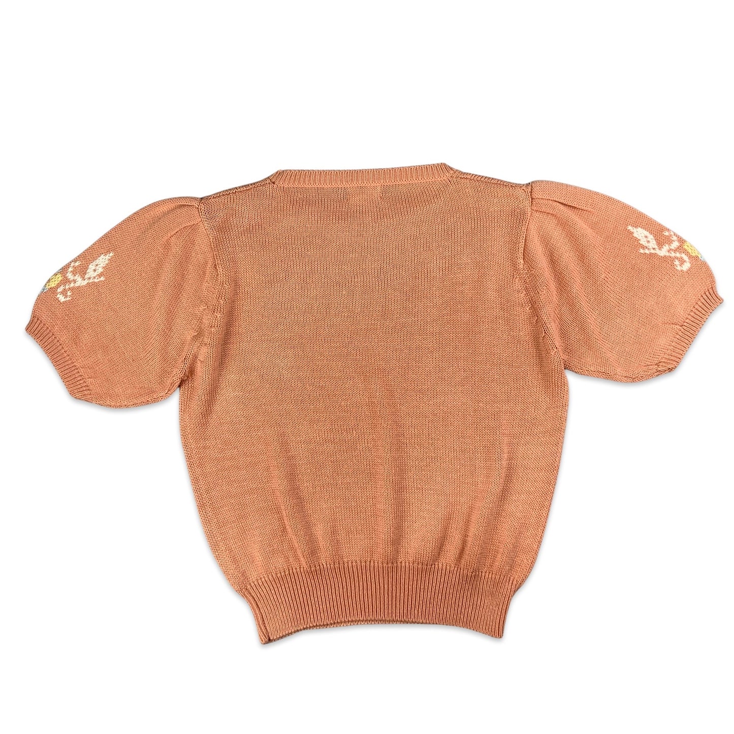 Vintage 90s Pink Floral Embroidered Short Sleeve Knit Jumper 12 14 16