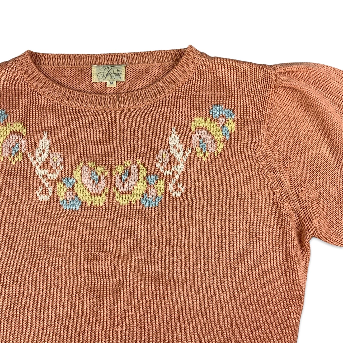 Vintage 90s Pink Floral Embroidered Short Sleeve Knit Jumper 12 14 16