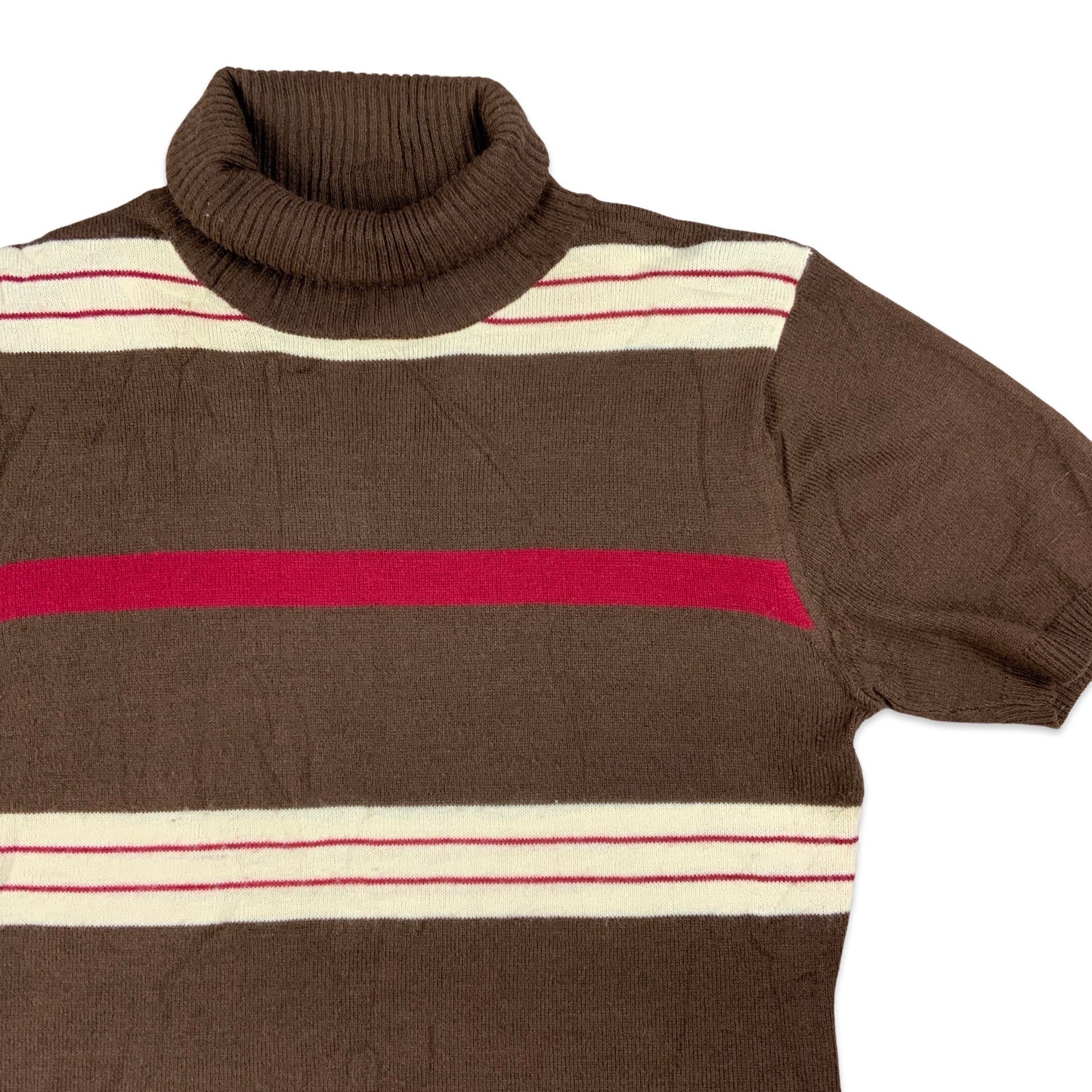 Brown White & Red Striped Short Sleeve Turtleneck Jumper 10 12 14