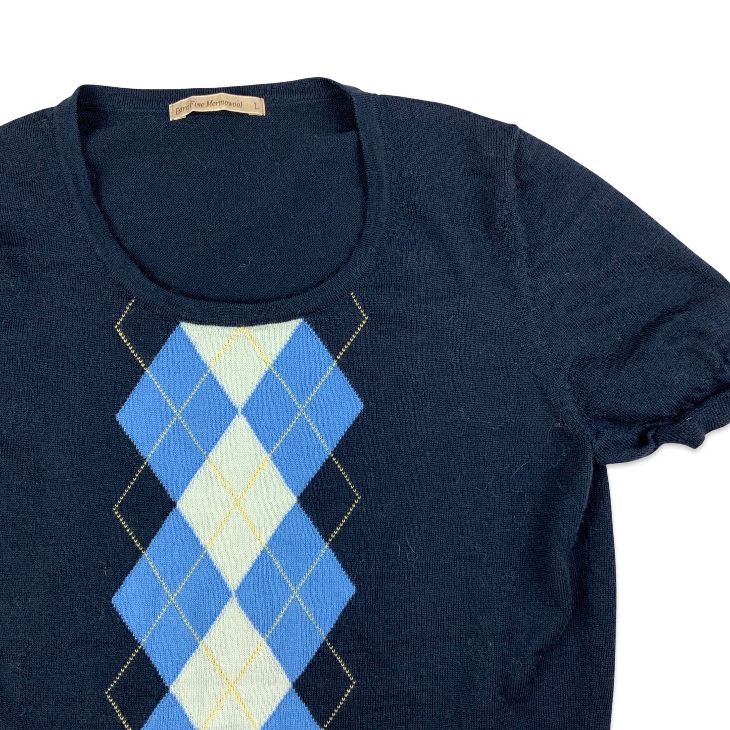 Navy & Blue Argyle Print Short Sleeve Jumper 10 12 14