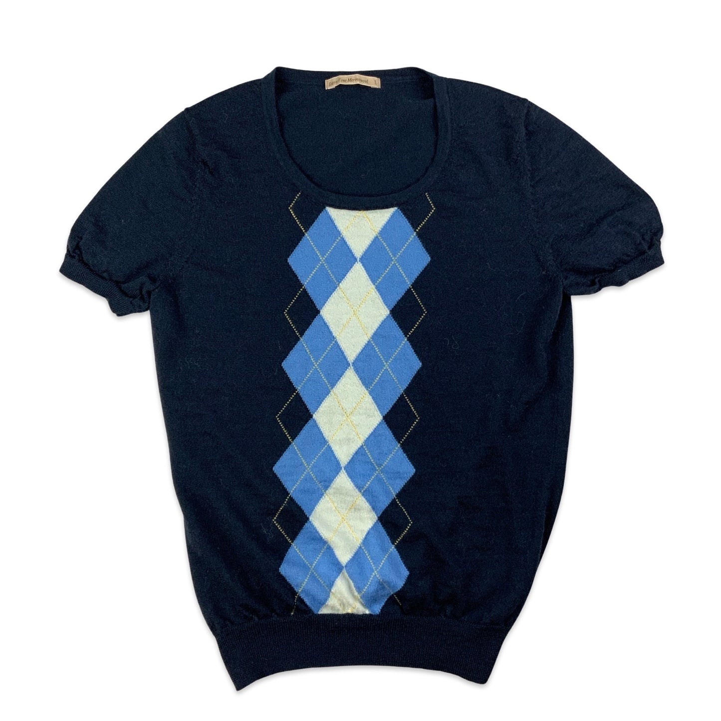 Navy & Blue Argyle Print Short Sleeve Jumper 10 12 14