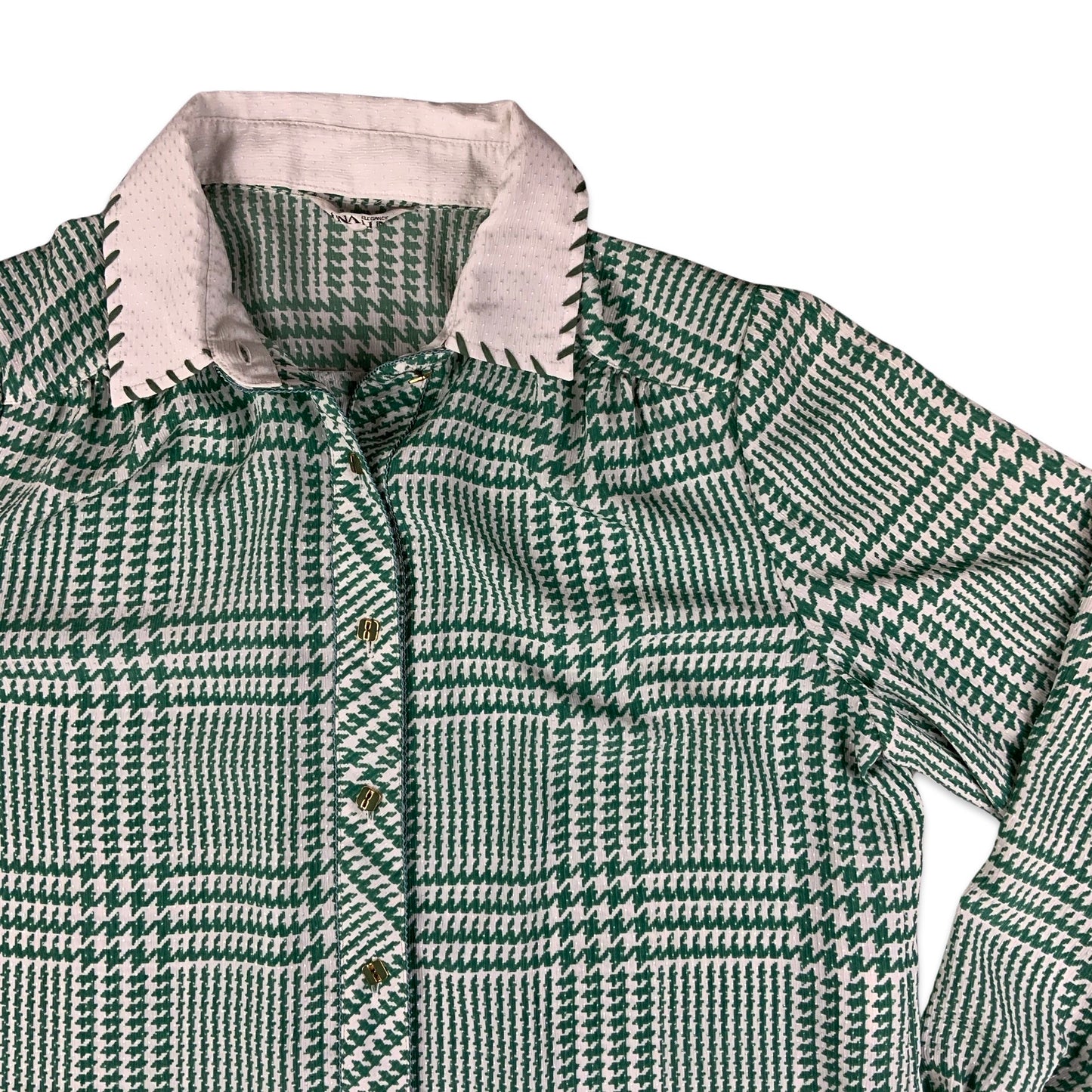 Vintage 90s Green & White Dogtooth Print Blouse 16 18