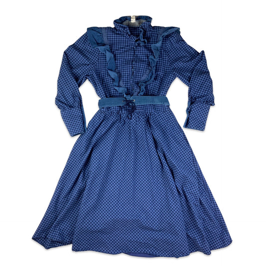 Vintage 80s Blue Checked Midi Prairie Dress 10 12