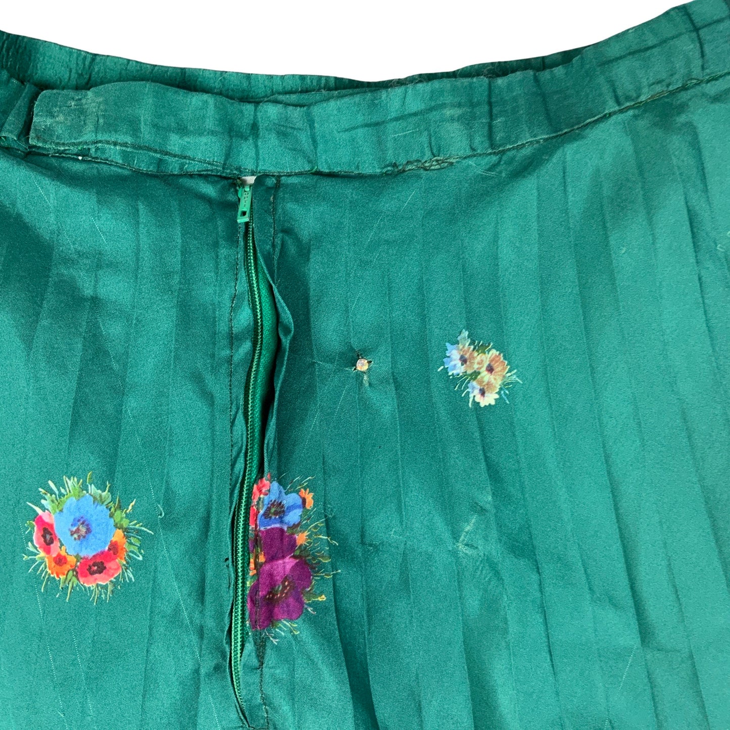 Vintage Pleated Green Floral Print Midi Skirt 8