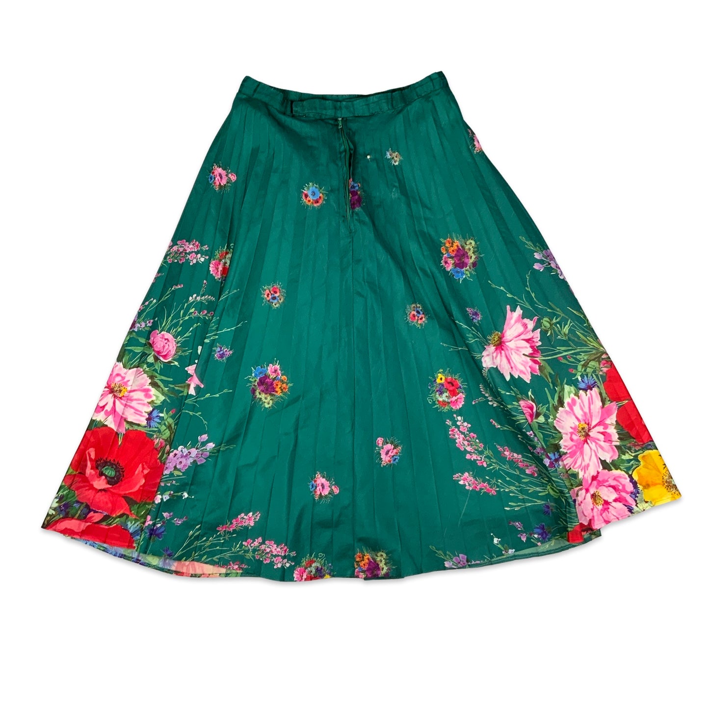 Vintage Pleated Green Floral Print Midi Skirt 8