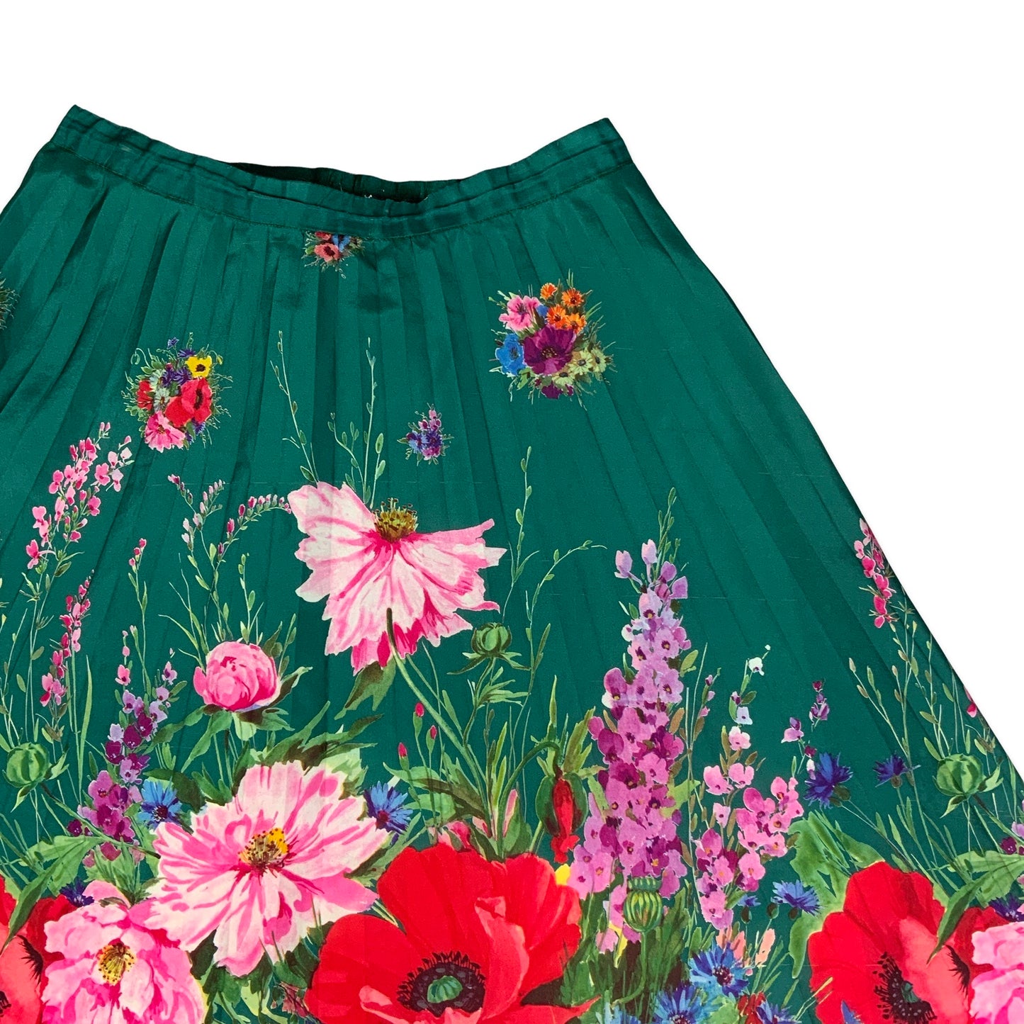 Vintage Pleated Green Floral Print Midi Skirt 8