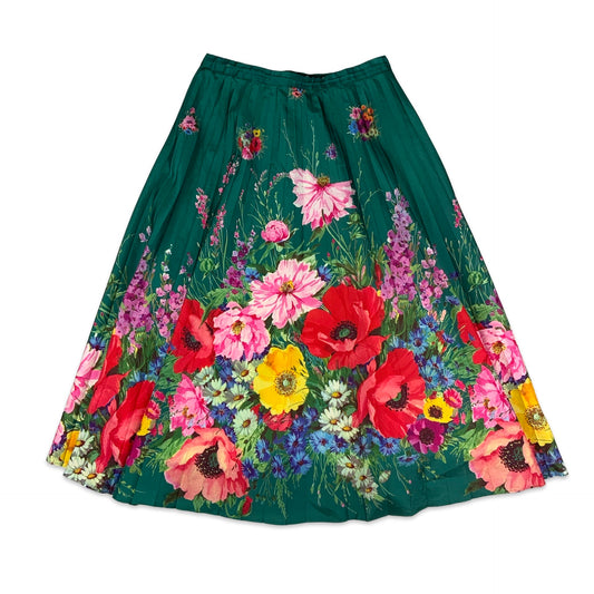 Vintage Pleated Green Floral Print Midi Skirt 8