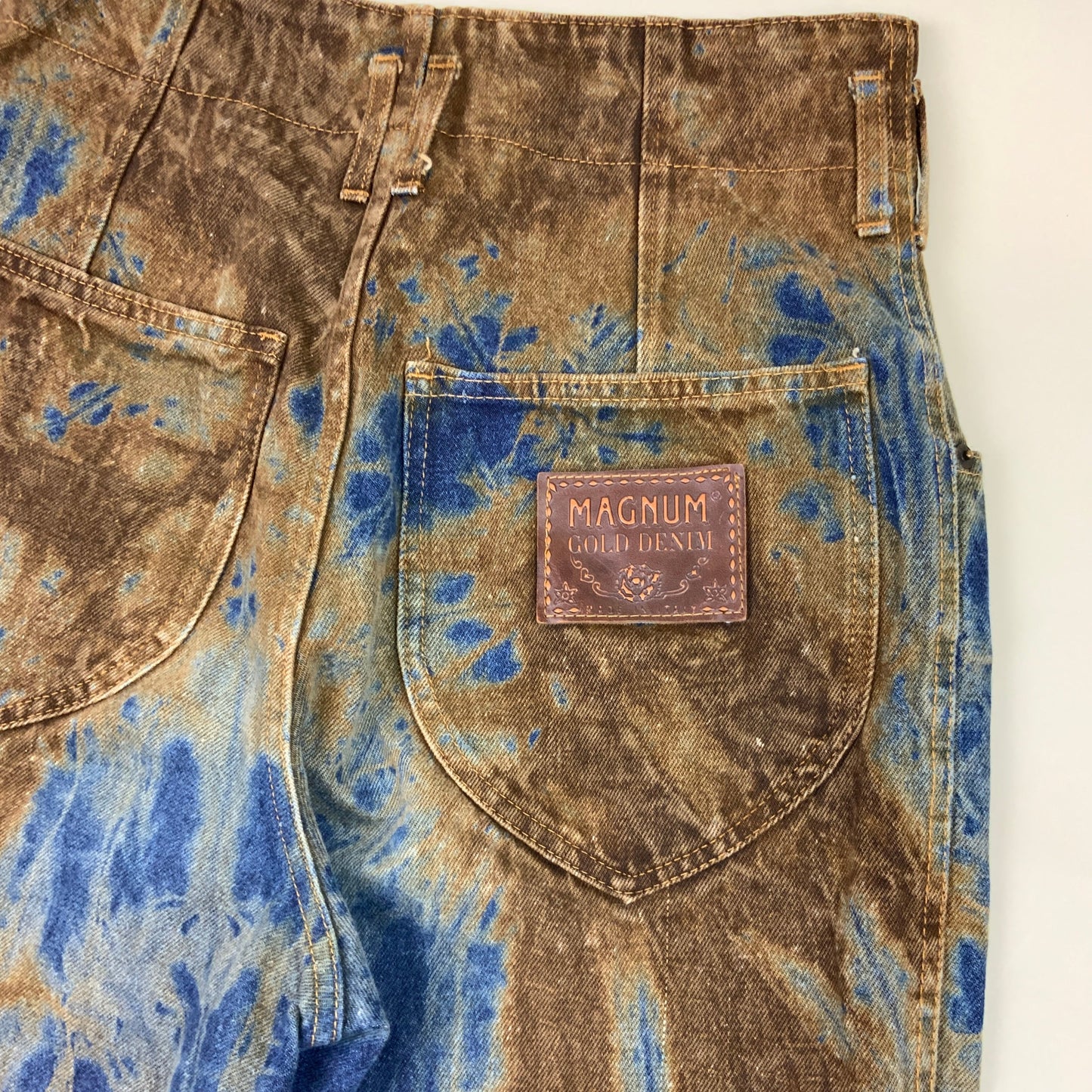 Vintage 90s 'Magnum Gold Denim' Blue High Waist Brown Tye Dye Jeans W 28 L 28