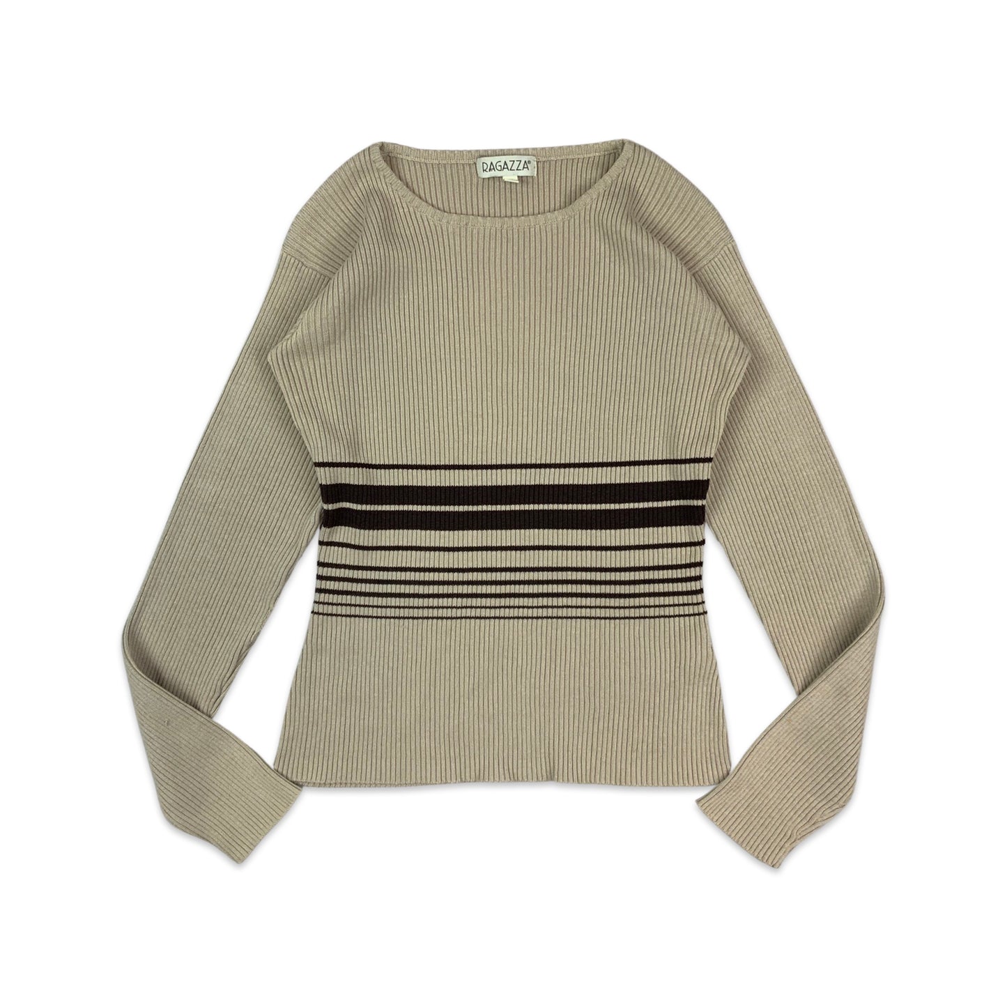 Vintage Beige Brown Striped Ribbed Knit Top 8 10 12 14