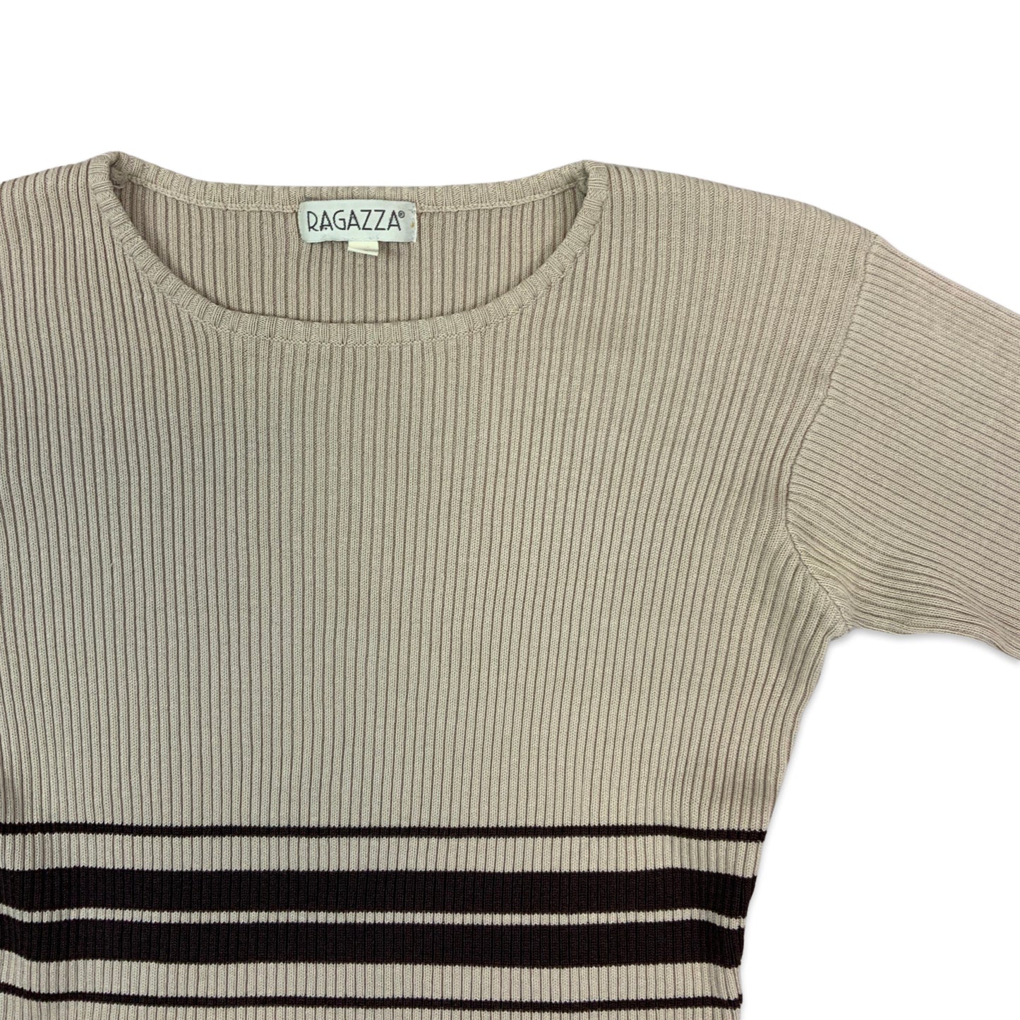 Vintage Beige Brown Striped Ribbed Knit Top 8 10 12 14