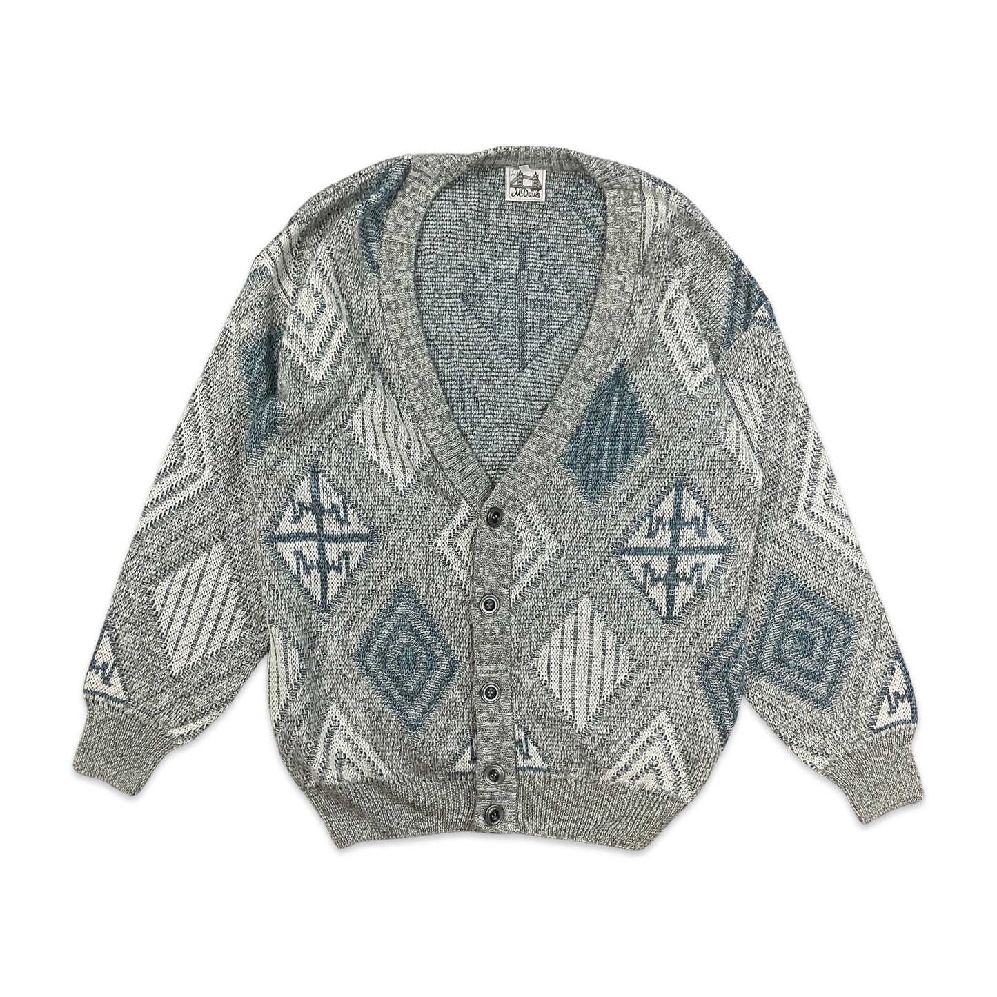 Vintage Grey Blue Abstract Knit Cardigan M L